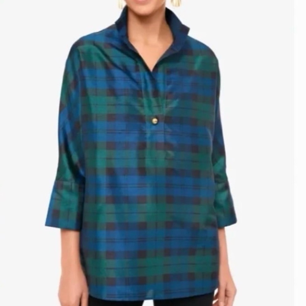 Tuckernuck Green and Blue Blackwatch Plaid French Cuff Celine Blouse Top XL - Picture 4 of 8